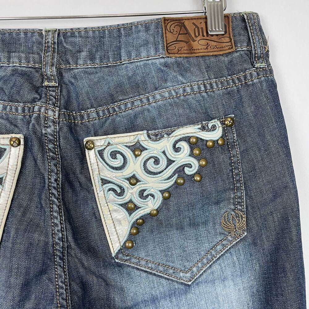 Adiktd Embellished Pockets Flare Leg Mid Rise Studded Country Dark Wash Jeans - Picture 5 of 8